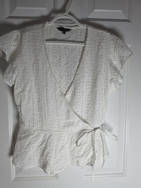 White Eyelet Wrap Peplum Top Size Medium